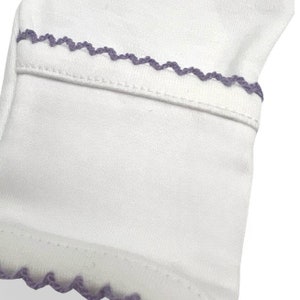 100% PIMA Cotton Newborn Pleated Gown & Hat Set: White with Lavender Picot 0-6 months image 4