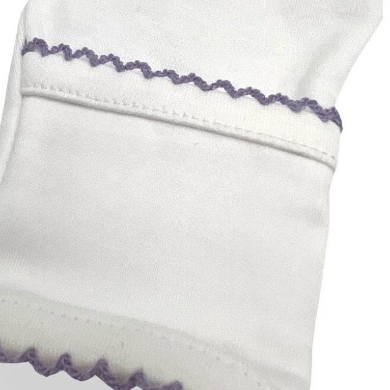 100% PIMA Cotton Newborn Pleated Gown & Hat Set: White with Lavender Picot 0-6 months image 4