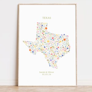 Carte du Texas personnalisée, impression de fleurs, impression du Texas, impression de carte des étoiles solitaires, carte de fleurs sauvages, cadeau de pendaison de crémaillère, maison neuve, cadeau de mariage, cadeau de fiançailles