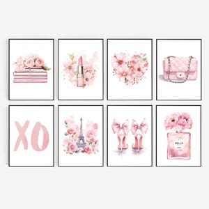 ピンクの高級香水ポスター 8 枚セット、ピンクの壁アート、ファッション アート プリント、ピンクの装飾、寝室アート、壁装飾セット、デジタル ダウンロード