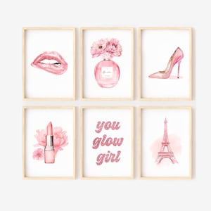Set of 6 Pink Wall Art Fashion Art Print, Quote Print, Bedroom Art Set, Wall Decor Set, Digital Download, Printable Photography