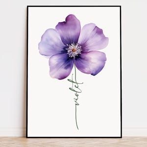 Watercolour Violet Flower, Custom Name Flower Print, Personalized Art Print, Bridal Gift, Birthday Mother's Day Gift, Name Flower Print