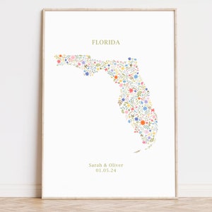 Custom Florida kaart bloemenprint, Florida print, kaart print, kaart wilde bloemen, housewarming cadeau, nieuw huis, huwelijkscadeau, verlovingscadeau