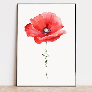 Aquarel klaproos, bloemenprint aangepaste naam, gepersonaliseerde kunstdruk, bruidscadeau, verjaardag Moederdag, doopcadeau, verjaardag