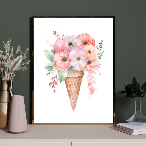 Ice Cream Flower Poster, Ice Cream Print, Fashion Art, Paris Art, Bathroom Decor, Bedroom Art, Chic Girly Watercolor Print, Digital Download