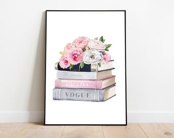 Blush Fashion Books On Pink Flower Wall - Art Print, Amanda Greenwood