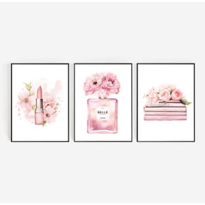 Conjunto de 3 carteles de perfumes de lujo, impresión de perfume rosa, impresión de arte de moda, arte de París, conjunto de arte de dormitorio, conjunto de decoración de pared, descarga digital