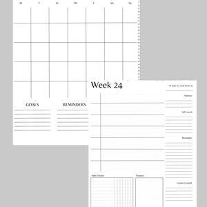 May include: A printable monthly calendar planner for May with a weekly planner section. The weekly planner includes sections for goals, reminders, self-growth, reminders, habit tracker, finances, and lessons learned. The calendar is labeled "Week 24".