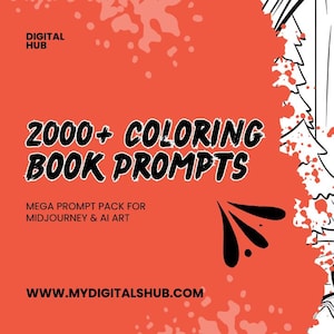 Può includere: Illustrazione di un simpatico cucciolo di orso in un ambiente forestale, pronto per essere colorato. L'immagine è accompagnata dal testo "2000+ COLORING BOOK PROMPTS" e "MEGA PROMPT PACK FOR MIDJOURNEY & AI ART". È incluso anche l'indirizzo del sito web.