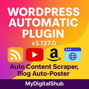 Op de afbeelding: Een levendige afbeelding die een WordPress-plugin promoot. De afbeelding toont de tekst "WORDPRESS AUTOMATIC PLUGIN" in het wit, samen met versiegegevens en pictogrammen voor RSS, YouTube, Amazon en een website. De slogan luidt "Auto Content Scraper, Blog Auto-Poster."