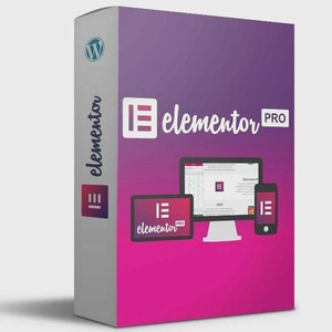 May include: A box with a purple and pink gradient background, displaying the Elementor Pro logo and the WordPress logo. The box shows a computer monitor, tablet, and smartphone, each with the Elementor interface.