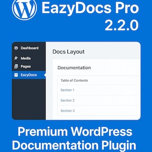 May include: A blue graphic promoting EazyDocs Pro 2.2.0, a WordPress documentation plugin. The image features the WordPress logo, a menu, and a documentation layout with sections. Text includes "Premium WordPress Documentation Plugin."