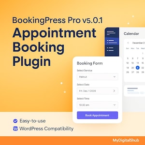 Op de afbeelding: Een digitale interface voor de BookingPress Pro v5.0.1 Appointment Booking Plugin. De interface toont een boekingsformulier met opties voor service, datum en tijd, en een kalender. De tekst bevat "Easy-to-use" en "WordPress Compatibility."
