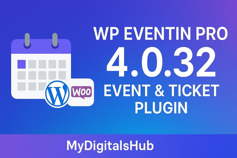 Puede incluir: Imagen promocional de WP Eventin Pro 4.0.32, un plugin de eventos y tickets. El dise&ntilde;o presenta un icono de calendario, los logotipos de WordPress y WooCommerce, y el texto "WP Eventin Pro 4.0.32 EVENT & TICKET PLUGIN" sobre un fondo azul degradado.