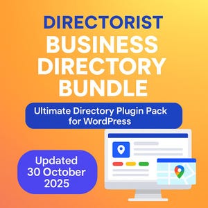 Può includere: Grafica promozionale con il testo "DIRECTORIST BUSINESS DIRECTORY BUNDLE" in bianco e blu. Include il testo "Ultimate Directory Plugin Pack for WordPress" e "Updated 30 October 2025". Un monitor di computer mostra un'icona della mappa.