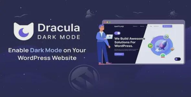 May include: A digital graphic promoting "Dracula Dark Mode" for WordPress websites. The image features a logo with a crescent moon inside a bat silhouette, a website interface, and the text "Enable Dark Mode on Your WordPress Website."