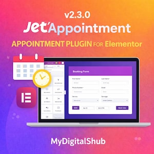 Könnte beinhalten: Ein Laptop-Bildschirm zeigt eine Buchungsformular-Oberfläche mit Feldern für Name, Telefon und Serviceauswahl. Das Bild enthält einen Kalender, eine Uhr und ein Logo. Der Text auf dem Bildschirm lautet "JetAppointment" und "Appointment Plugin for Elementor."