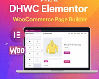 以下が含まれることがあります： DHWC ElementorのWooCommerceページビルダーのインターフェースが映し出されたノートパソコン。画面には黄色のパーカーの商品リストが表示されています。「v1.2.12」、「WooCommerce Page Builder」、「MyDigitalShub」の文字が含まれています。