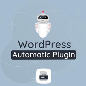 May include: Digital illustration of a white robot with a red antenna above the text "WordPress Automatic Plugin" on a light blue background. A white square with "GPL" text is at the bottom. The image has a modern design.