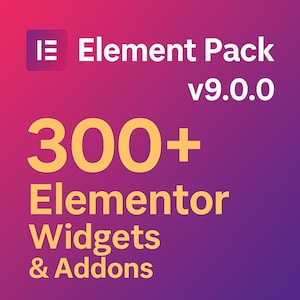 May include: A graphic with a purple and pink gradient background. The Element Pack logo is in the upper left corner. Text reads "Element Pack v9.0.0" and "300+ Elementor Widgets & Addons" in yellow and white.
