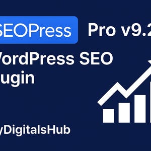 May include: A dark blue graphic featuring the text "SEOPress", "Pro v9.2", "WordPress SEO Plugin", and "MyDigitalsHub". A white upward trending graph is also present.