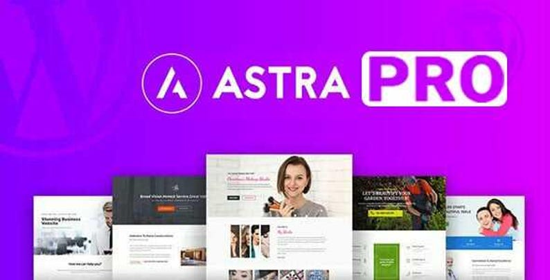 Op de afbeelding: Astra Pro-logo met website-ontwerpvoorbeelden op een paarse achtergrond. Het logo heeft een wit 'A'-symbool in een cirkel, met de woorden 'ASTRA PRO' in witte tekst. Website-ontwerpvoorbeelden worden hieronder weergegeven.