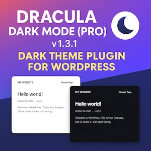 Peut inclure: Image promotionnelle pour le plugin WordPress "Dracula Dark Mode (Pro)". Le design présente un fond dégradé et une icône de lune. Deux maquettes de sites web sont affichées, une en mode clair et une en mode sombre, affichant toutes deux le texte "Hello world!".