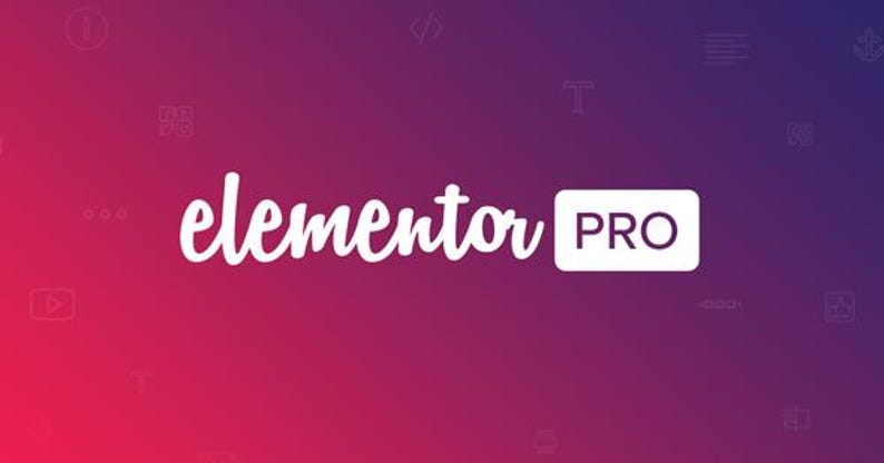 May include: The Elementor Pro logo against a red and purple gradient background. The word "elementor" is in a white cursive font. The word "PRO" is in a white box in a sans-serif font.