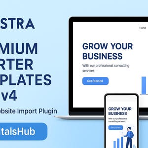 May include: Image showcasing a laptop and smartphone displaying a website design. The text reads "GROW YOUR BUSINESS" with a call to action button. The image also features the "ASTRA PREMIUM STARTER TEMPLATES PRO v4" logo and text, promoting a 1-Click Website Import Plugin.