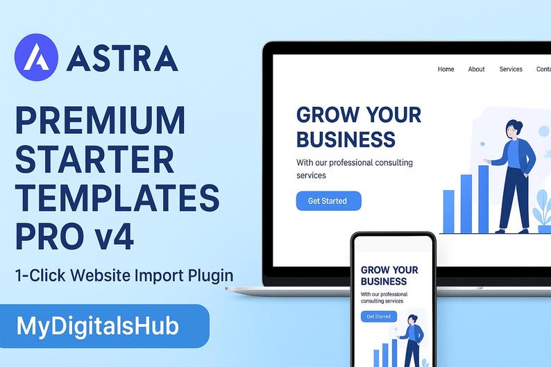 Op de afbeelding: Afbeelding met een laptop en smartphone die een website-ontwerp tonen met de tekst "GROW YOUR BUSINESS". De afbeelding bevat ook het logo en de tekst "ASTRA PREMIUM STARTER TEMPLATES PRO v4", die reclame maken voor een 1-Click Website Import Plugin. Het website-ontwerp bevat een call-to-action-knop.