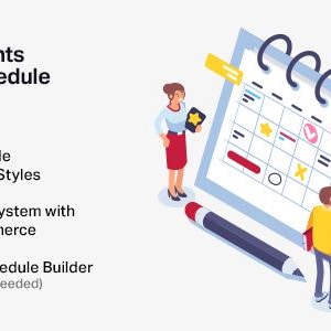 Op de afbeelding: Illustratie ter promotie van een evenementenkalender. De afbeelding toont een kalender met pictogrammen, een potlood en mensen die met de kalender interageren. Tekst omvat "Events Schedule", "12 Available Schedule Styles" en "Booking System with WooCommerce".