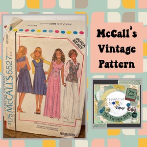 May include: Vintage McCall's pattern 5527 featuring illustrations of dresses, a jumper, and a top. The pattern envelope is cream-colored with text and images of the designs. The text "Quick & Easy" is visible.