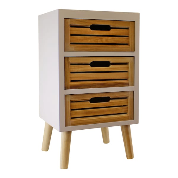 Small White Wooden Bedside table or Cabinet with 3 Drawers with removable legs.