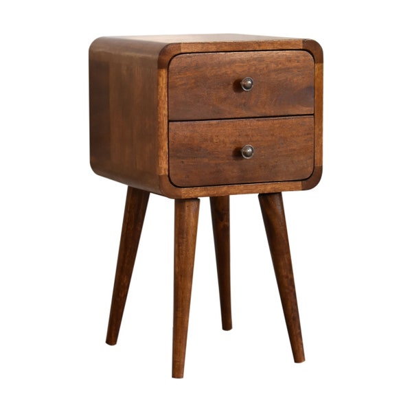 Elegant Slim Dark Wood Bedside Table with Drawers, Curved and Narrow Design