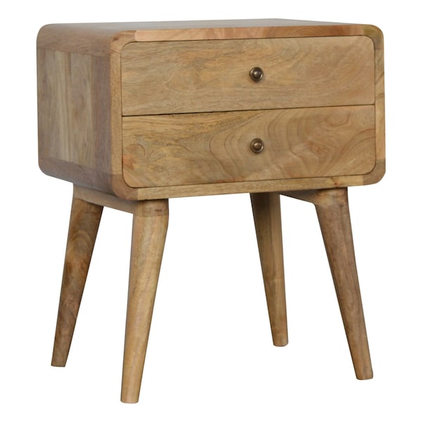 Elegant Wood Bedside Table with Drawers, Curved and Narrow Design