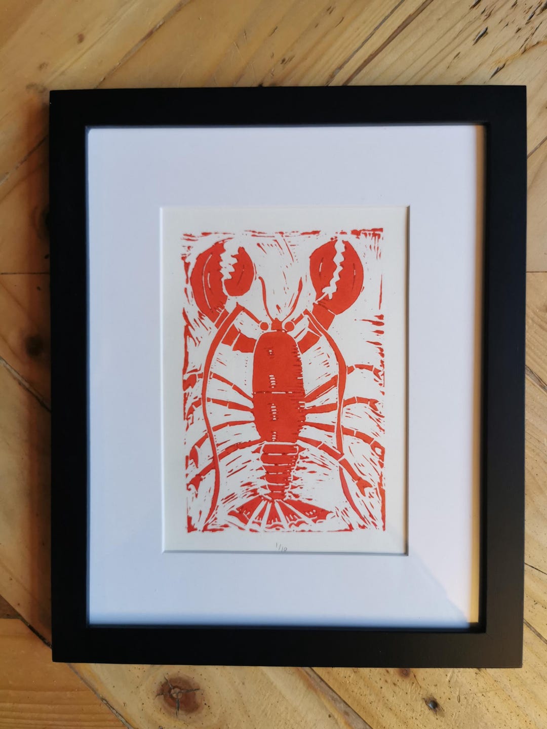 Lobster Linocut Print | Hand-carved Red Ink Crustacean Relief Print ...