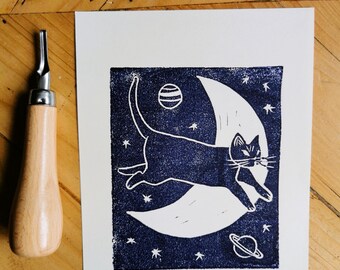 Artemeow Moon Cat Linocut Print | Limited Edition Original Medieval Blue Stamp Ink Art Wall Decor | 5x7 Inch Acid-Free Paper