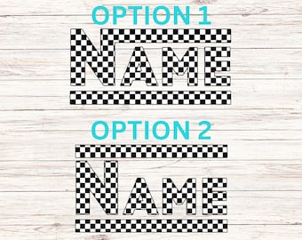 May include: Two design options for a personalized name graphic. The word "NAME" is displayed in a bold, checkered font, with the text "OPTION 1" and "OPTION 2" above the respective designs. The background is a light wood grain.