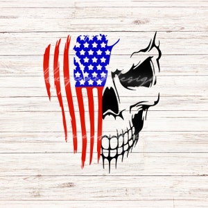 May include: A black and white skull silhouette with a red, white, and blue American flag design covering the right eye.