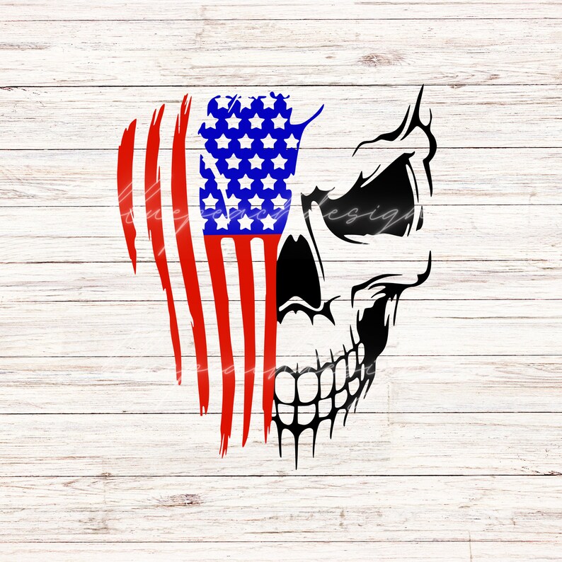 May include: A black and white skull silhouette with a red, white, and blue American flag design covering the right eye.