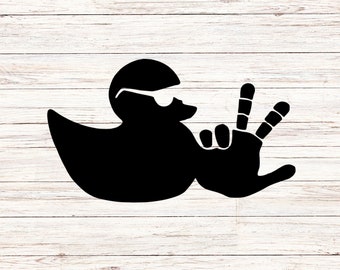 May include: A black silhouette of a duck wearing sunglasses and giving a peace sign with its wing.