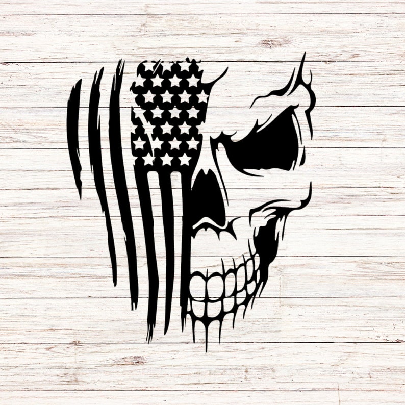 May include: Black and white silhouette of a skull with an American flag design. The skull is facing right and the flag is on the left side of the skull.
