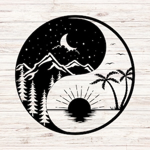 以下が含まれることがあります： 白黒の陰陽のシンボル。片側は山岳地帯と星、もう片側はヤシの木と太陽が描かれている。