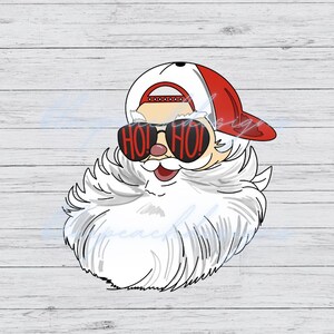 May include: A cartoon illustration of Santa Claus wearing a red and white baseball cap with sunglasses that say "HO! HO!" on the lenses. He has a white beard and a red nose.