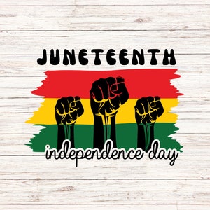 May include: A graphic design for Juneteenth Independence Day. The design features three black fists raised in solidarity against a backdrop of red, yellow, and green brushstrokes, with the words "Juneteenth" and "independence day".