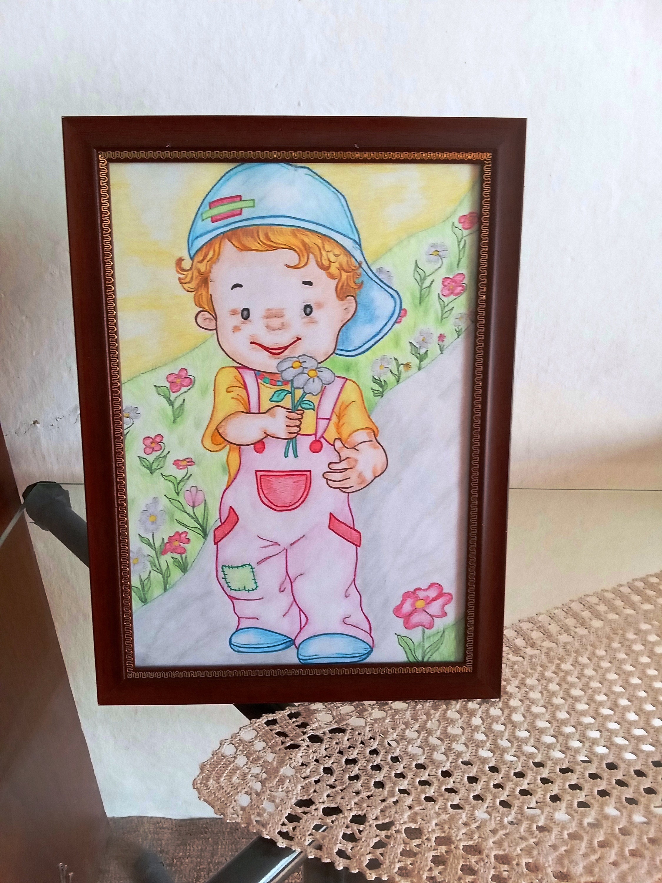 Рисунка с молив.Малко момче с цвете, момче с цвете формат А4 - Etsy