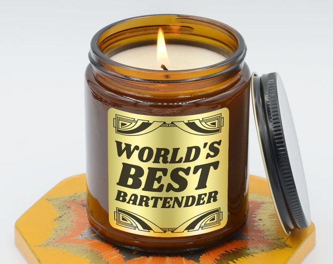 World's Best Bartender Soy Candle - Gold Label, Bartender Birthday Gift, Cocktail Decor, Alcohol Present, Mixologist Gift (9oz, 16oz)