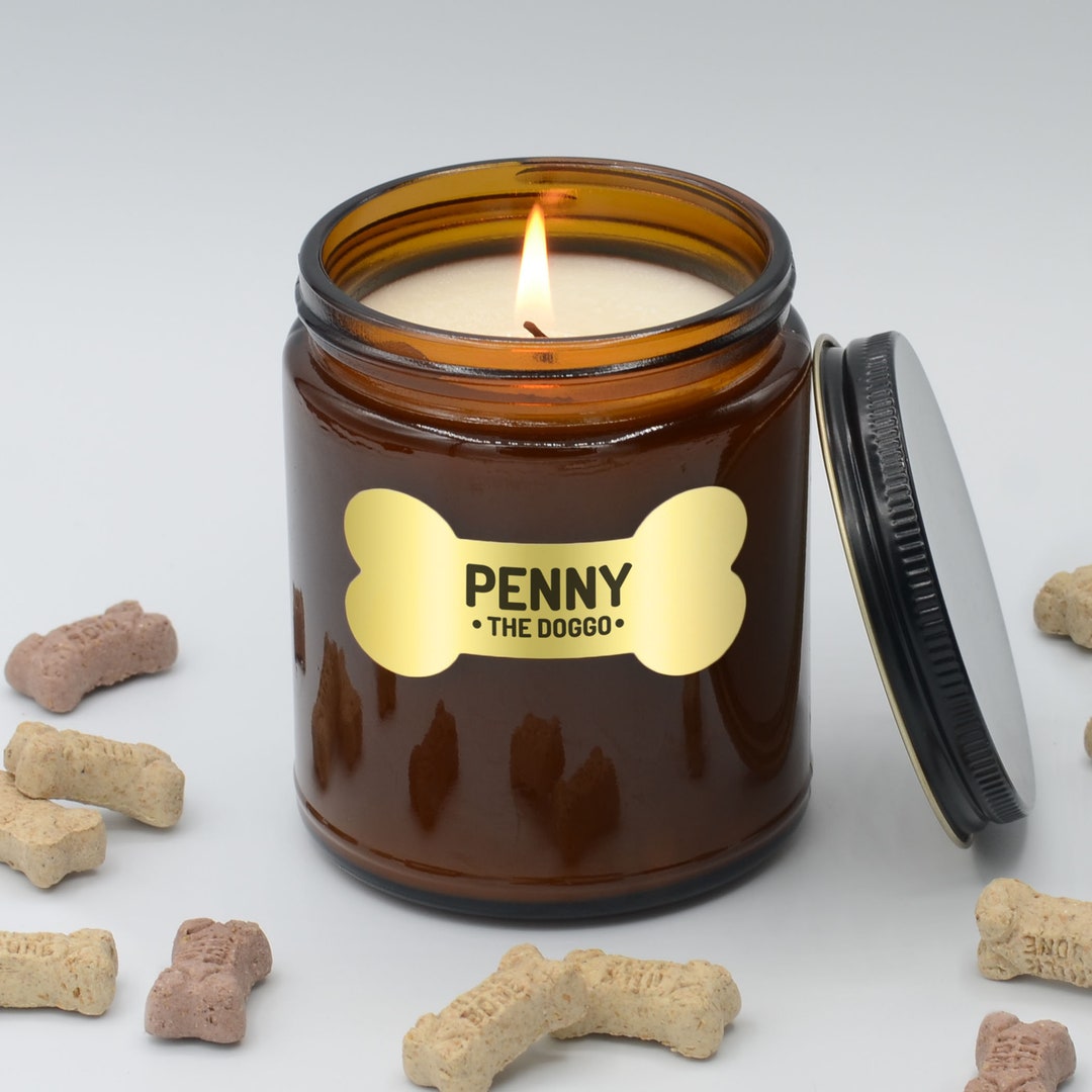 Doggo Custom Dog Name Soy Candle Gold Dog Bone Label, Funny Pet Gift