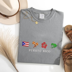 Puerto Rico Embroidery Shirt, Puerto Rico Embroidered Icons, Embroidered Washed Tee, Custom Country Symbols Shirt