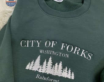 Embroidered  City of Forks Sweatshirt, Green Forest Embroidered Hoodie, Forrest Crew Neck Sweatshirt, Embroidered  City Of Forks Hoodie,